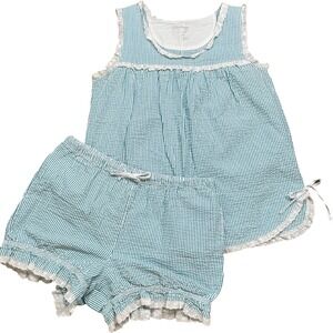 Vermont Country Store Pajama Short Set Women M Blue White Seersucker Eyelet Lace